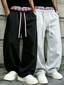 2PCS Men's Basic Solid Color Draped Straight Leg Pants, Elastic Drawstring Loose Casual Sports Long Pants, 2 Pieces Set - Multicolor - View 1