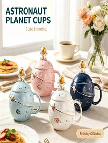 1pc Space Themed Planet Ceramic Mug, Reusable Coffee Cup With 3D Astronaut Shaped Lid, Fun Cosmic Travel Style Drink Vessel, Distinct Holiday And Birthday Gift, Great Tabletop Drinkware For Space Fans For Daily Use At Home And While Working Remotely - Multicolor - View 4