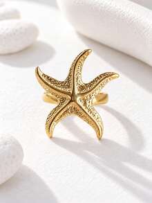 Gold Starfish Open Ring For Women, Summer Beach Vacation Style Fashion Personalized Ring, Versatile Luxury Jewelry Accessory, Gift - Gold - View 3