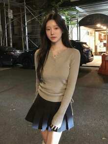 Atasan Rajut Wanita Model Slim Fit Leher Bulat Lengan Panjang Warna Polos, Gaya Kampus, Musim Semi/Gugur - Khaki - View 1