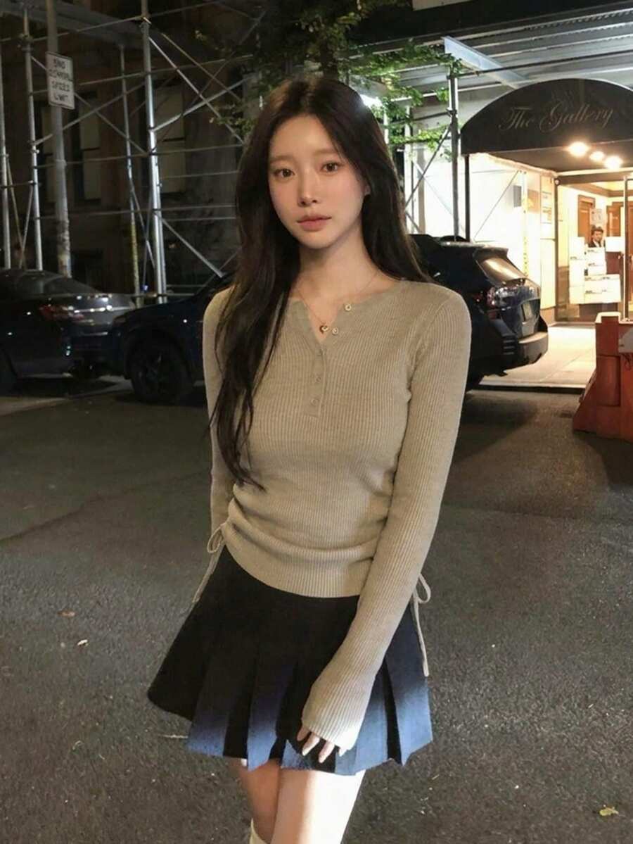 Atasan Rajut Wanita Model Slim Fit Leher Bulat Lengan Panjang Warna Polos, Gaya Kampus, Musim Semi/Gugur - Khaki - View 1