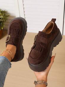 PWIIMG Women's Wedge Platform Shoes, Black Elastic Deep-Cut Slip-On Round Toe Retro Shoes, Tassel Loafers For Party, Music Festival, Commuting, Shopping, Buckle Design, Buckle Home - Dark Brown - View 8