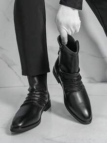 Black Pointed Toe Ankle Boots For Men, Shiny Finish With Unique Wrinkled Detail, Side Zipper Design, Business Casual Fashion, All-Season Footwear - Black - View 3