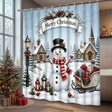 1/4pcs Christmas Snowman Shower Curtain Set, Christmas Tree Snowflake Pine Branch Winter Holiday Bathroom Curtain 180 X 180 Cm, Waterproof Mildew-Resistant Polyester Material, With 12 Hooks - A - View 15