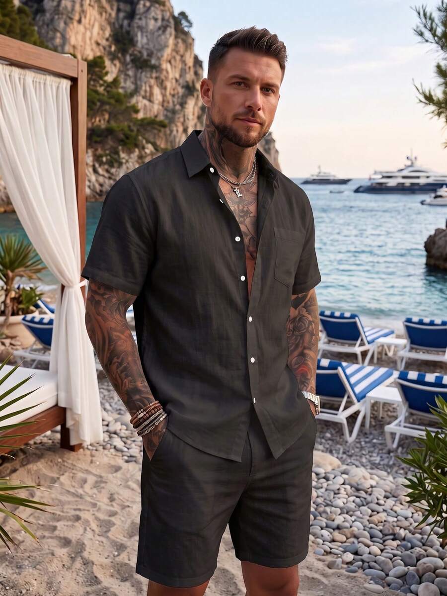 Herr 2-delat linneset med avslappnad kortärmad skjorta med knappar och shorts för sommar och strand – perfekt fars dag-present till pappa, man och honom - Svart - Visa 1