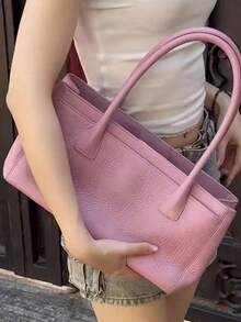 Tote Bag With Sleek Square Body, Dual Top Handles And External Pocket Design. Spacious Capacity To Store Books, Laptop And Other Personal Items. Minimalist Commuter Style Suitable For Daily Outings, Effortlessly Elevating Your Overall Outfit - Pink - View 5