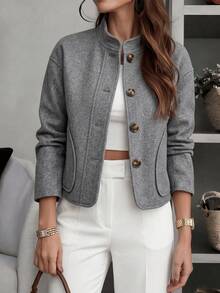 Women's Chic Gray Stand Collar Button Detail Long Sleeve Regular Fit Coat For Home, Office, Vacation, Holiday, Spring Fall Winter - Grey - View 1