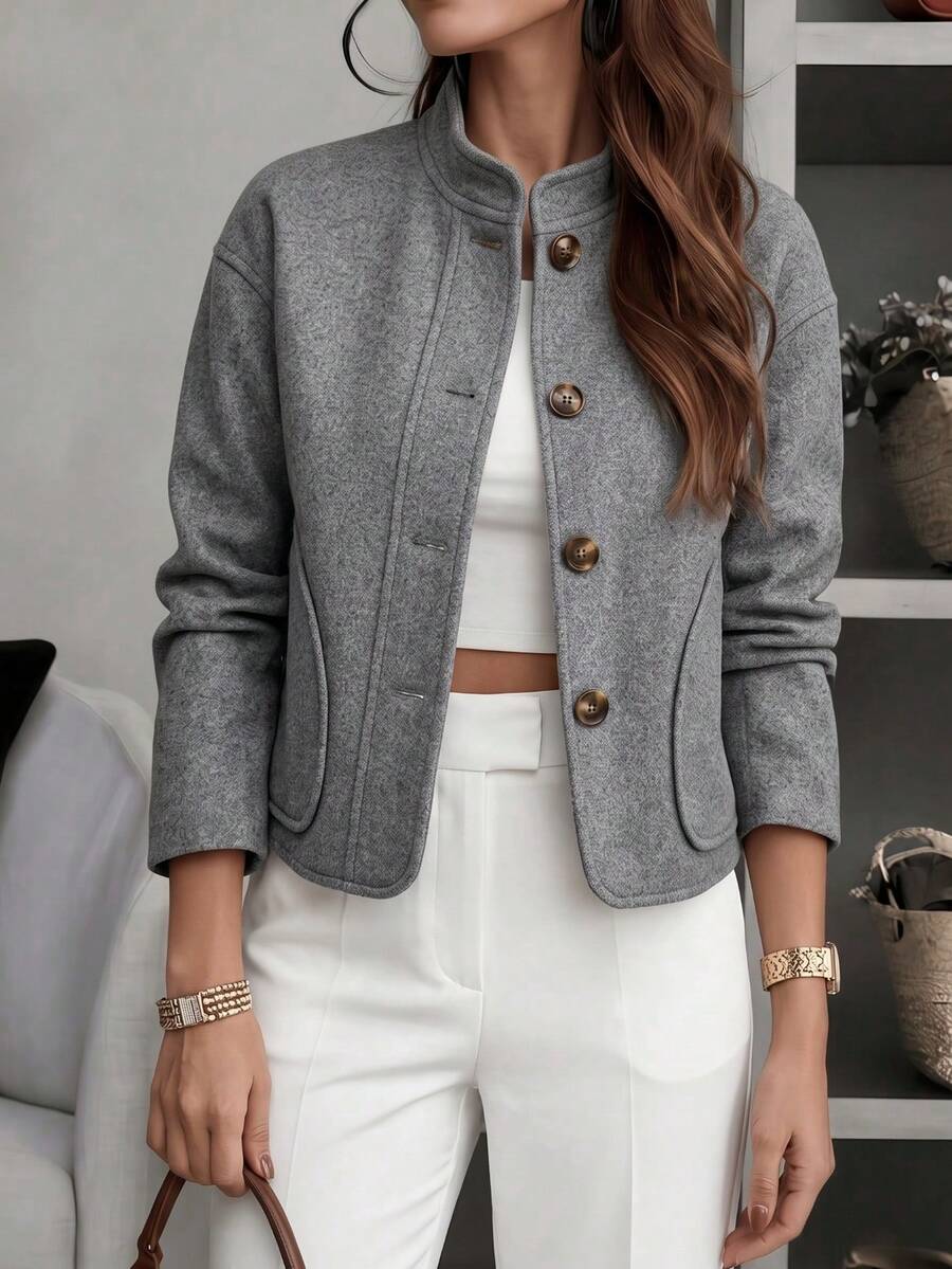 Women's Chic Gray Stand Collar Button Detail Long Sleeve Regular Fit Coat For Home, Office, Vacation, Holiday, Spring Fall Winter - Grey - View 1