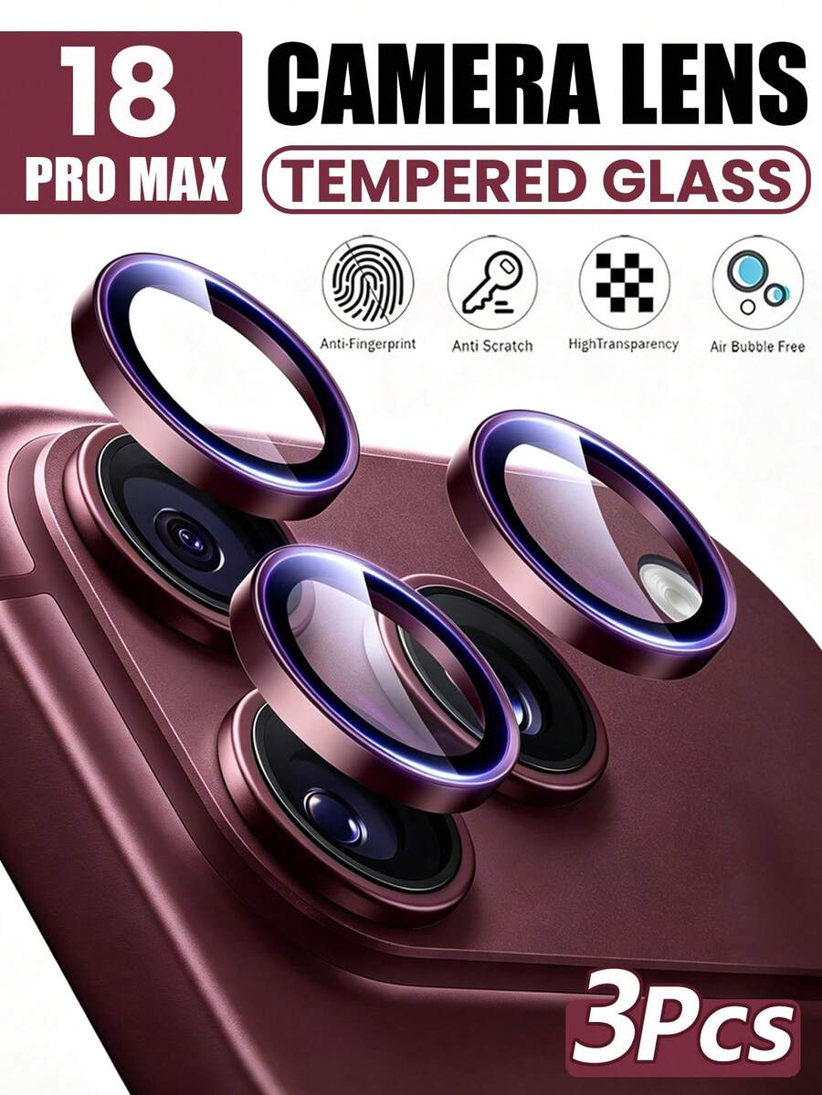 3片裝 [2026新款] 9H鋼化玻璃相機鏡頭保護貼，相容 iPhone 18 Pro Max/18 Pro，酒紅色，亮面金屬環，高清晰透明，防刮防指紋，防碎無氣泡，易安裝，相容手機殼，零售包裝，適合作為朋友與家人的生日禮物 - 酒紅色 - 查看 1