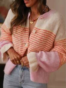 Women's Plus Size Striped Knit Button Front Cardigan Sweater, Long Sleeve Top With Frill Trim, Elegant Casual For Vacation And Daily Wear, Spring Autumn Winter - Pink - View 4