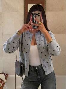 Women's Grey Star Print Cardigan Long Sleeve Round Neck Button Front Sweater Winter Fashion High Elasticity Ribbed Knit Hem Top - Grey - View 5
