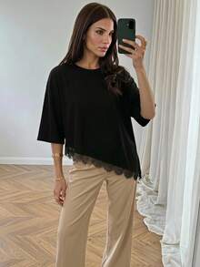Black Short Sleeve T-Shirt With Asymmetrical Lace Detail - Black - View 5