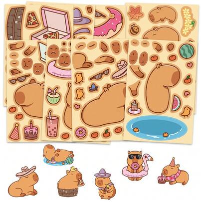 8pcs Capybara Dress-Up Stickers, Rich Color Cognition Early Education Art Enlightenment Educational Toy Stickers, Planner Decoration Children DIY Creative Stickers, Cartoon Face Stickers, Puzzle Stickers, Notebook Phone Decoration Stickers, Guitar Skateboard Decoration Stickers, School Small Gifts, Holiday Gifts, Christmas Gifts