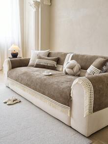 1pc Solid Color Tassel French Chenille Decorative Sofa Cover, Vacation Decor Pet-Friendly Machine Washable, Living Room Bedroom Sofa Cover Old Sofa Refurbishment, Suitable For 1/2/3/4 Seat Armrest Backrest Cover - Khaki - View 4