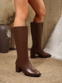 Women's Autumn New Brown Knee-High Boots Pointed Toe Chunky Heel Side Zipper Elegant Boots Suitable For Daily Commute Dating Party - Brown - View 7