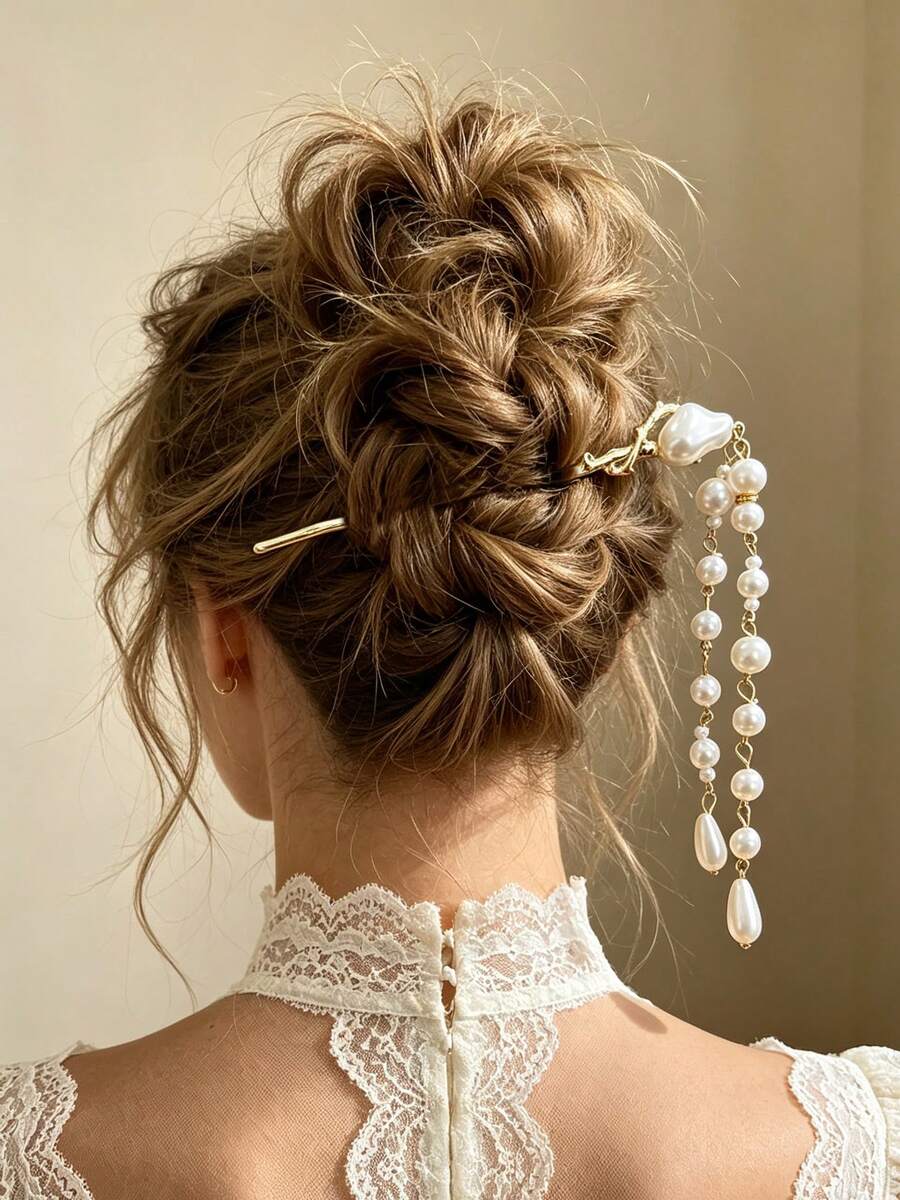 1pc Vintage Branch Textured Metal Hair Stick With Multi-Layer Pearl Tassel Pendant Hair Accessory For Women Back Of Head Bun Styling Wedding Party - Multicolor - View 1
