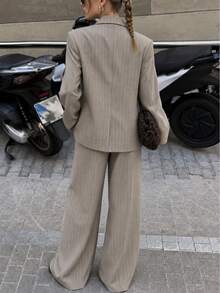 Women's Autumn/Winter New Vintage Textured Striped Suit Set, Lapel Blazer With Wide Leg Pants, Button Decor Formal 2 Pieces Set, Suitable For Commuting, Street, Afternoon Tea, Formal Occasions - Khaki - View 3