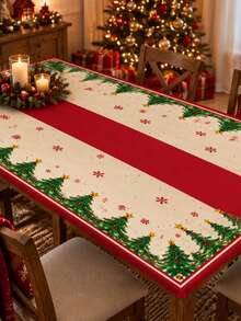 1PC Red Cream Christmas Tree Snowflake Stretch Tablecloth, Festive Holiday Style Polyester Spandex Round & Square Fitted Edge Table Cover, Elastic Snug Fit Protector For Christmas Dinner Party Kitchen Dining Room Winter Decor - Multicolor - View 7