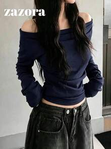 韓式修身露肩百搭長袖T恤上衣 秋季服飾 - 藏青色 - 查看 10