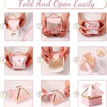 10pcs(5pcs Bags+5pcs Ribbons) Pyramid Wedding Candy Boxes, Pink Marble Texture Candy Gift Boxes With Ribbon And Pearl Decoration, Paper Dessert Packaging Boxes, Bride Shower Party Storage Boxes, Can Hold Chocolates, Cookies, Jewelry, Wedding Guest Thank You Gift Packaging, Engagement Birthday Party Decoration, Foldable Flat Empty Gift Boxes, Wedding Souvenir DIY Gift Boxes - Pink - View 4