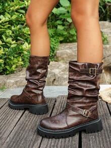 Women's Slip-On Thick Sole Mid-Calf Boots With Metal Buckle Decor, Ruched Fashion Vacation Autumn/Winter Boots - Brown - View 5