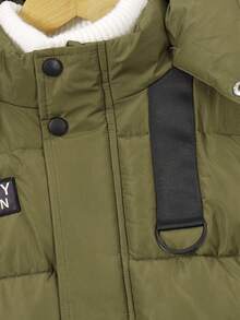 Tween Boy Autumn/Winter Casual Outdoor Versatile Patchwork Webbing D-Ring Buckle Cargo Hooded Big Fur Collar Jacket - Army Green - View 4