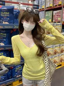 春夏V領防曬分層穿搭百搭長袖T恤女款上衣，歐夏黃 - 黃色 - 查看 5
