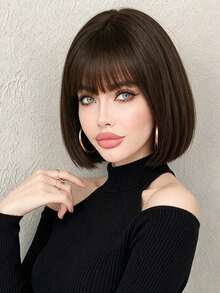 12 Inch Dark Brown Short Bangs Student Wig, Elegant And Natural Style, Lightweight And Breathable, Easy To Wear, Suitable For All Women's Daily Wear And Party Occasions - Brown - View 1