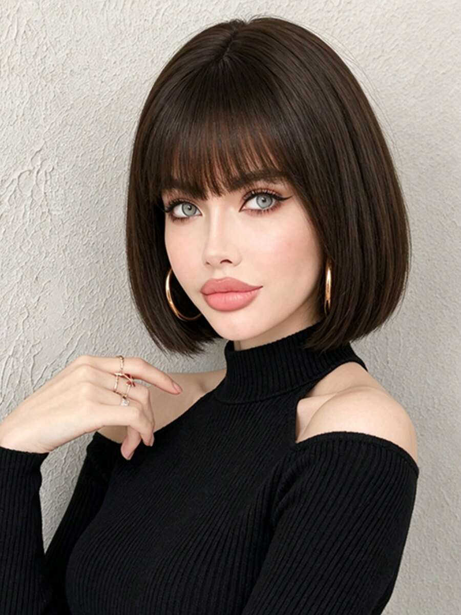 12 Inch Dark Brown Short Bangs Student Wig, Elegant And Natural Style, Lightweight And Breathable, Easy To Wear, Suitable For All Women's Daily Wear And Party Occasions - Brown - View 1