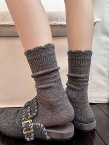 1/4 Pair Women Mid-Calf Socks Multi-Color Double Needle Wool Socks Autumn Winter Warm Vintage Style Fashion Versatile Mid-Calf Socks - Multicolor - View 5