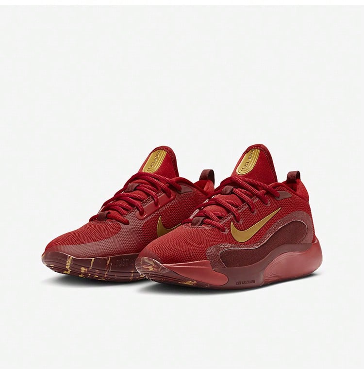 NIKE IsoFly Unisex Red & Gold Low-Top Basketball Shoes | Deep Red One-Piece Upper, Gold Swoosh, Court & Street Style FZ7298-600 - Red - View 1