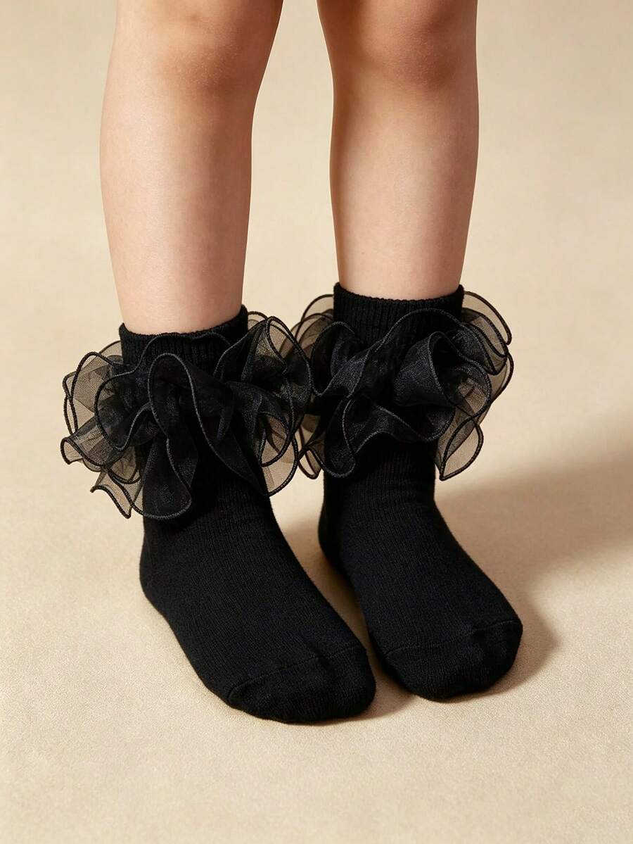 1 Pair Girls Solid Color Ruffle Trim Cute Daily Ankle Socks, Suitable For Back To School Season And School Uniform Matching - Black - View 1