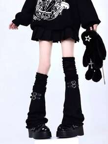 1 Pair Y2K Subculture Style Black Flared High-Top Slouch Leg Warmers, Slimming Leg Covers - Black - View 4