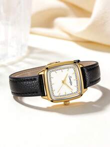 1pc Women Square Retro Quartz Watch, Two-Tone Gold & Silver Case, White Dial, Black Litchi PU Strap, Wristwatch For Daily & Gifting - Black - View 3