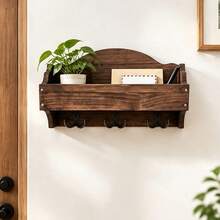 Wall Mounted Mail Organizer With Hooks, Farmhouse Style Wooden Storage Box, Multi-Functional Key Holder Entryway Wall Decor, Keys Mail Documents Storage Home Organization Solution - View 5