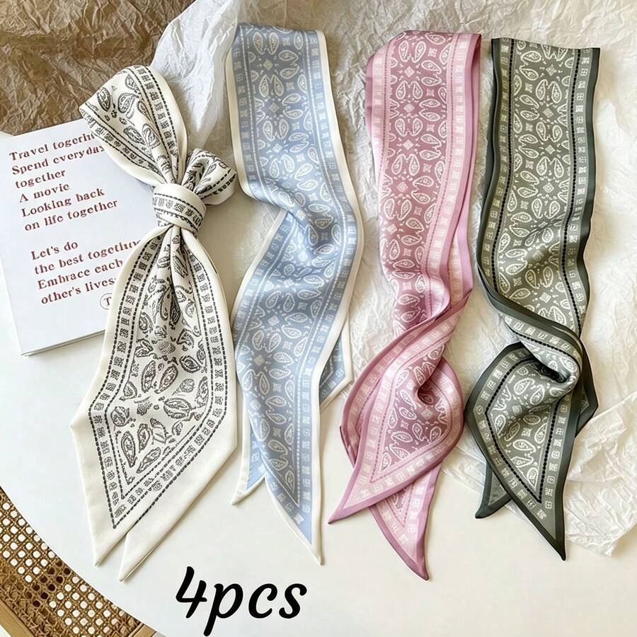 4 piezas/1 pieza Banda para el cabello/Pañuelo con lazo largo estampado, accesorios a juego para bolsos & ropa, el pañuelo tiene aberturas precosidas para manualidades normales. Bandana - Multicolor - Ver 1