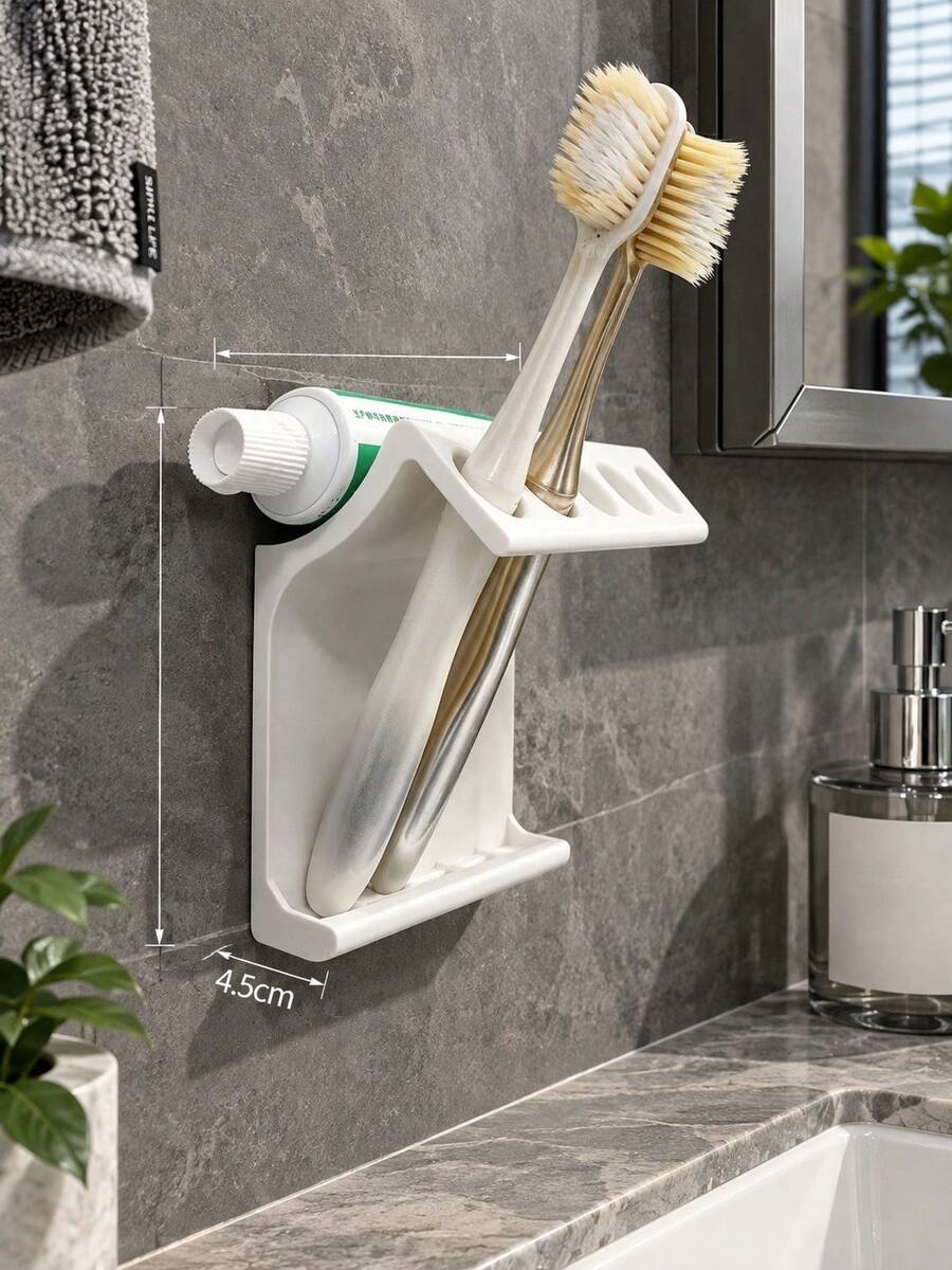 1Pc Wall-Mounted Toothbrush Holder With Storage Rack, Multifunctional Bathroom Organizer Easy Install Space Saving Shelf For Toothbrush Comb Makeup Brush, Bathroom Storage For Home Dorm, Wedding Graduation Gift, Bathroom Accessory Home Decor - Multicolor - View 1