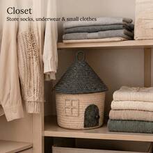 Creative Home Storage Basket With Lid, Woven Rope Storage Box With Door And Window Design, Suitable For Children's Toys, Socks And Toiletries. Multi-Scenario Storage Box, Suitable For Bedside, Bathroom And Closet. Suitable For Parents And Minimalist Home Room Decor Storage Bucket, Space-Saving. - Multicolor - View 1