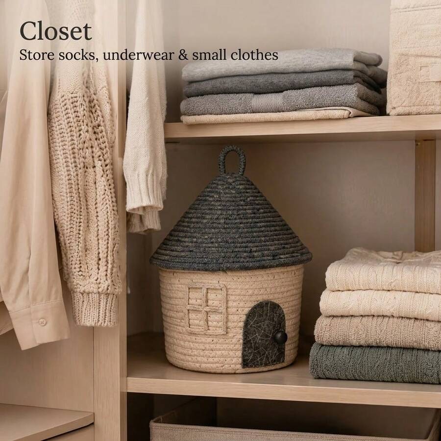 Creative Home Storage Basket With Lid, Woven Rope Storage Box With Door And Window Design, Suitable For Children's Toys, Socks And Toiletries. Multi-Scenario Storage Box, Suitable For Bedside, Bathroom And Closet. Suitable For Parents And Minimalist Home Room Decor Storage Bucket, Space-Saving. - Multicolor - View 1
