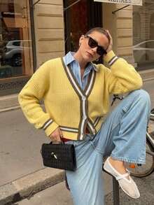 Women's Striped Long Sleeve Single-Breasted Casual Knit Cardigan - Apricot - View 6