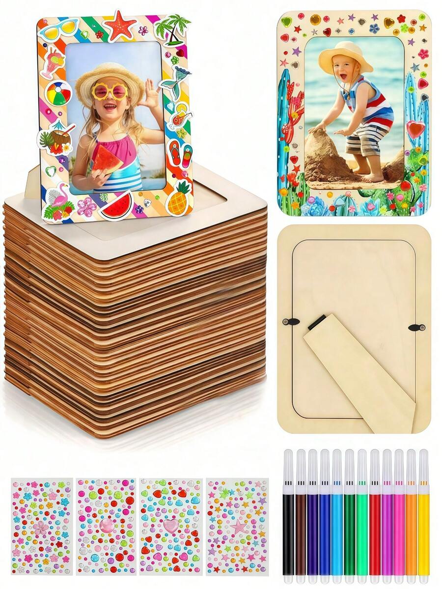 1pc Unfinished Wooden Photo Frame DIY Craft Kit, Includes Colored Pens And Crystal Diamond Stickers, Suitable For Photo Frame Decoration, Customized Art Projects, Vertical Desktop Display Photo Frame, Home Decor, Personalized Photo Display, Art Project Gift, Birthday And Graduation Ceremony Occasions. - Multicolor - View 1