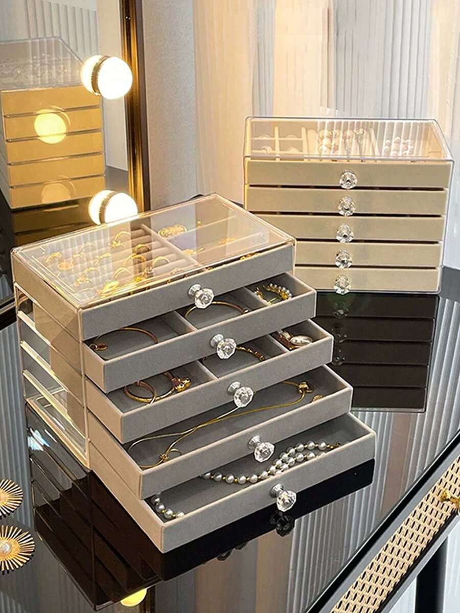 3-Layer Transparent Acrylic Jewelry Storage Box, Large Capacity Desktop Drawer Storage Box, 5-Layer Acrylic Jewelry Box, Velvet Jewelry Tray, Portable Jewelry Display Box, Stackable Drawer Storage Rack