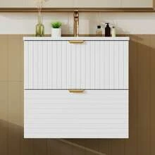 Wall-Mounted Vanity Unit 61*46*57 Cm, Fully Lacquered MDF, Two Soft-Close Drawers, Drawer Fronts With Horizontal And Vertical Patterns, Integrated Sink, White - White - View 1