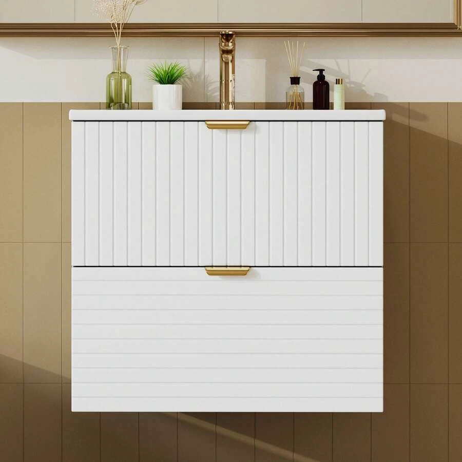 Wall-Mounted Vanity Unit 61*46*57 Cm, Fully Lacquered MDF, Two Soft-Close Drawers, Drawer Fronts With Horizontal And Vertical Patterns, Integrated Sink, White - White - View 1