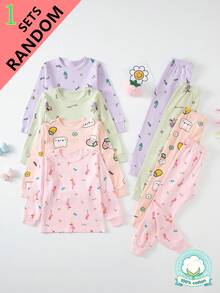 4 Sets Send 1 Set Random Color Girls Cartoon Pure Cotton Underwear Set Cute Print Medium Thick Long Sleeve Long Pants Loungewear Set Printed Thermal Top And Bottom - Multicolor - View 1