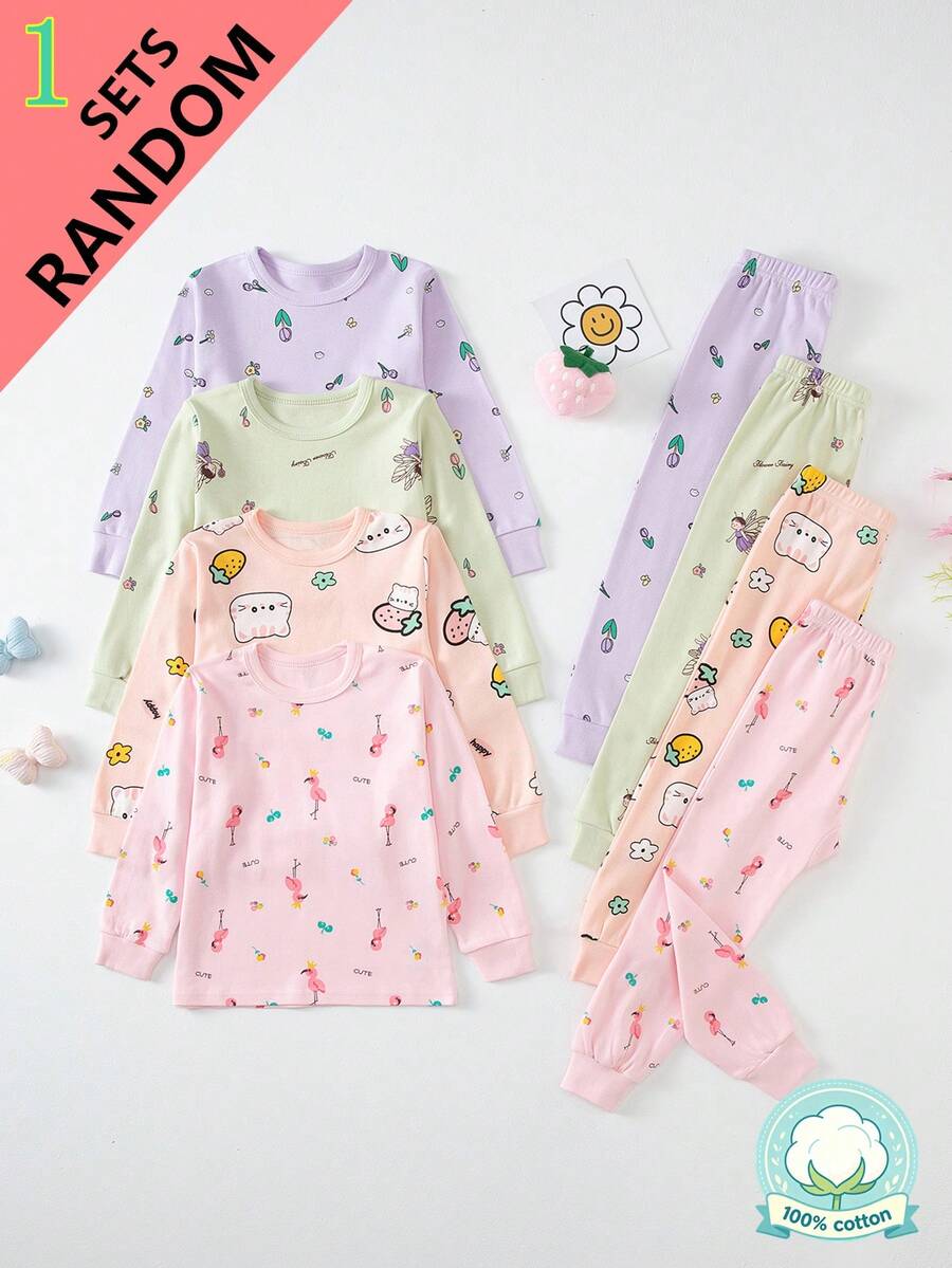 4 Sets Send 1 Set Random Color Girls Cartoon Pure Cotton Underwear Set Cute Print Medium Thick Long Sleeve Long Pants Loungewear Set Printed Thermal Top And Bottom - Multicolor - View 1