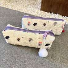 1pc Cute Cartoon Puppy All-Over Print Pleated Pencil Case, Soft Skin-Friendly Bubble Texture Fabric In Taro Purple, Smooth Zipper, Large Capacity Student Stationery Storage Bag With Detachable Plush Ball Charm, Girly High-Value Multi-Function Portable Pouch For Pens, Erasers, Sticky Notes, Rulers, Tape And Other School Supplies - Multicolor - View 7