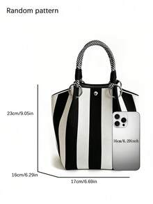 Classic Black And White Striped Bucket Bag, Fashionable Contrast Minimalist Versatile Shoulder Handbag, Suitable For Daily Commute, Shopping And Other Occasions - Black - View 5