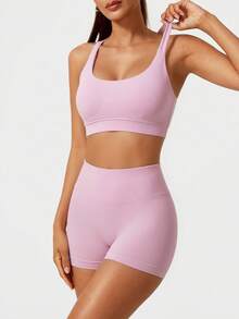2pcs/Set Women's Sports Fitness Outfit Set, Halter Top And Sports Shorts, Suitable For Running And Training - Pink - View 3