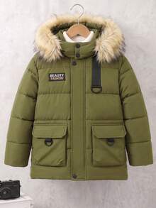 Tween Boy Autumn/Winter Casual Outdoor Versatile Patchwork Webbing D-Ring Buckle Cargo Hooded Big Fur Collar Jacket - Army Green - View 3